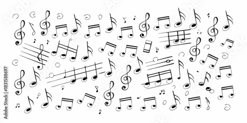 Musical notes and symbols seamless pattern on white background