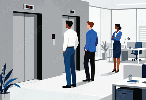 Stylized office scene people waiting by elevators, an office with desks and a businesswoman
