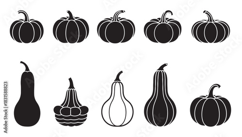 Collection of black pumpkin and gourd icons in various shapes and sizes, presented in a minimalist graphic style for autumn, Thanksgiving, and Halloween designs