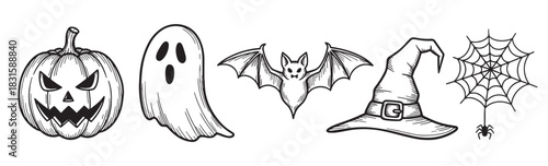 Set of five hand drawn Halloween symbols including a scary pumpkin, spooky ghost, flying bat, witch hat, and spider web in a black line art doodle style