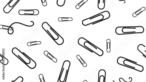 Black paper clip outlines scattered randomly in a chaotic seamless pattern, a minimalist monochrome illustration with various sizes and one unraveled, bent metal wire