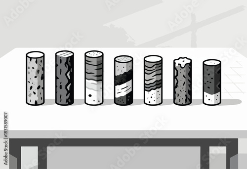 A grayscale graphic depicts seven cylindrical objects with varied textures and patterns, resting on a white surface