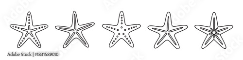 Five hand-drawn starfish illustrations in a row, a collection of simple black and white sea star icons with different doodle patterns for a minimalist, nautical themed design