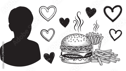Set of black and white sketch illustrations featuring a person's silhouette, a delicious hamburger with french fries, and various hand-drawn hearts in a doodle style