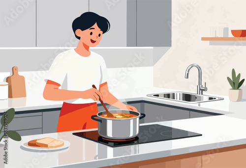 Illustration of a person cooking soup in a modern kitchen. S/he stirs the pot over a hot plate with bread and plants nearby