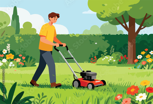 A person in a yellow shirt mowing a lawn with a red mower on a sunny day with flowers and trees