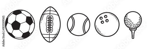 Collection of hand-drawn sports balls including soccer, football, tennis, bowling, and golf, illustrated in a simple black and white line art sketch style for athletic themes