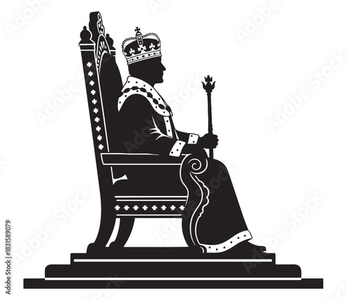 King in silhouette wearing a crown sits on an ornate throne holding a scepter, a regal black and white graphic illustration in profile