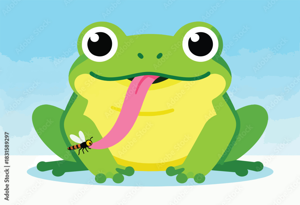 Fototapeta premium A cartoon frog with large eyes and a pink tongue licks at a bee. Blue backdrop and a white base