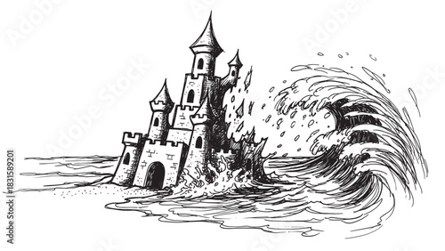 Hand-drawn sandcastle being destroyed by a large crashing ocean wave in a black and white sketch style, a metaphor for failure, fragility, and impermanence