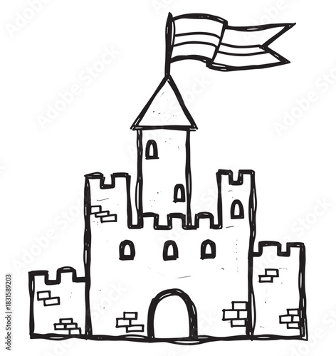 Hand-drawn black and white fairytale castle doodle with towers, battlements, and a flag, illustrated in a charming, sketchy, and childlike style for a historical theme