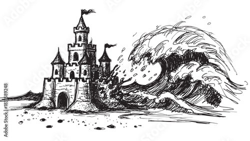Hand-drawn black and white sandcastle is about to be destroyed by a giant crashing ocean wave in a dramatic sketch style illustration showing impermanence and vulnerability