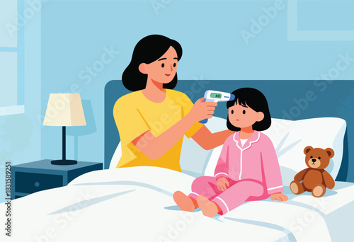 A woman takes a sick child's temperature with an infrared thermometer while she sits on a bed with a teddy bear