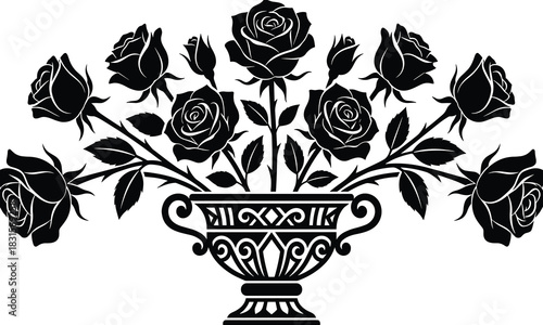 Elegant black and white rose arrangement in ornate vase