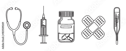 Set of medical and healthcare icons including a stethoscope, syringe, pill bottle, bandages, and thermometer, rendered in a clean black and white line art illustration style