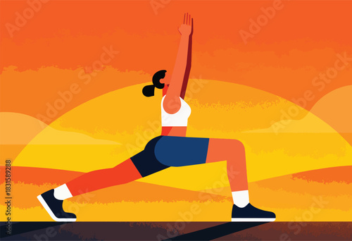 Graphic, stylized illustration of a woman in yoga pose, against a sunset gradient backdrop