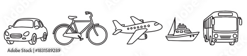 Collection of black and white transportation icons including a car, bicycle, airplane, boat, and bus in a simple hand-drawn doodle style for travel concepts