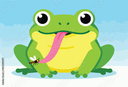 A cartoon frog with large eyes and a pink tongue licks at a bee. Blue backdrop and a white base