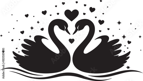 Two black swans forming a heart shape with hearts and stars