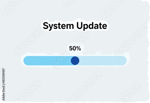 A digital interface displays "System Update" with a progress bar at 50% completion.  It has a clean, abstract design