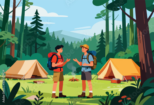 Illustration depicts two hikers conversing near tents, campfire in a lush forest landscape, with mountains visible