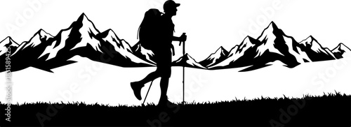 Mountain Trekker on Suspension Bridge Silhouette