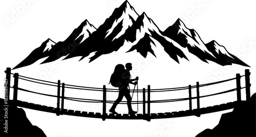 Mountain Trekker on Suspension Bridge Silhouette