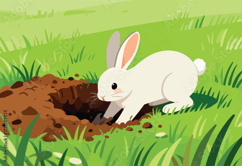 An illustration depicting a white bunny digging a hole in the dirt amongst grass, in a grassy field