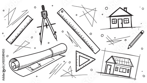 Hand-drawn architectural drafting tools and house sketches in a black and white doodle style illustration showing a creative design and engineering process with rulers and blueprints