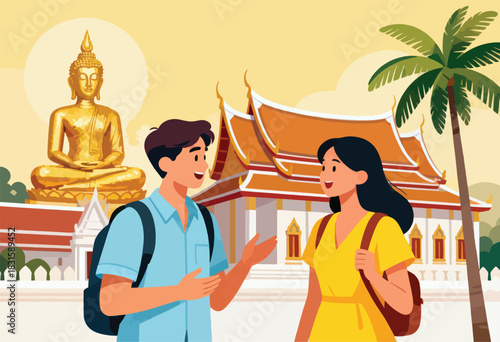 Illustration depicts two tourists in front of a golden Buddha statue and temple, palm tree adding to exotic vibe