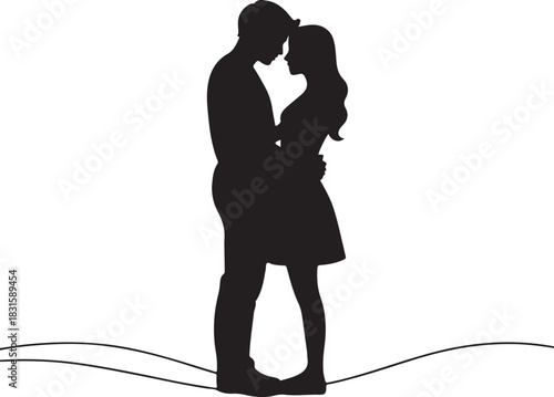 Silhouette of a couple embracing against a white background