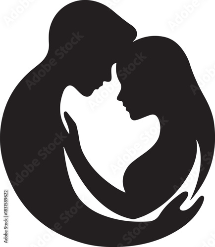 Silhouette of a couple embracing in a circular design