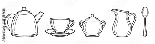 Hand drawn black and white tea set illustration with a teapot, cup, saucer, sugar bowl, creamer, and spoon in a simple doodle sketch style for a classic afternoon tea concept