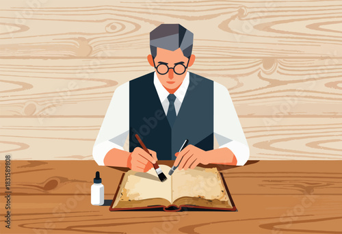 An illustration shows a man with glasses, holding tools while working on an open book, on a wooden table
