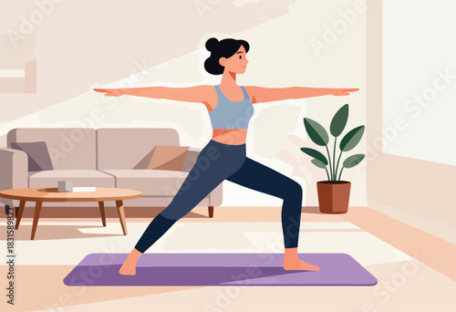 An illustration shows a woman in a yoga pose. Interior with sofa, table, plant, mat, and light