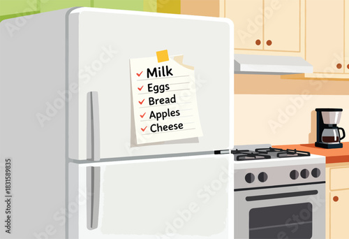 A fridge in a kitchen has a shopping list with a magnet. Beside it, a stove and coffee machine sit