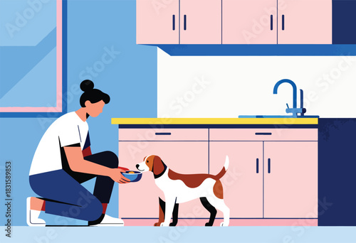 A person kneels, offering a bowl of food to a dog in a modern kitchen. Simplified vector illustration