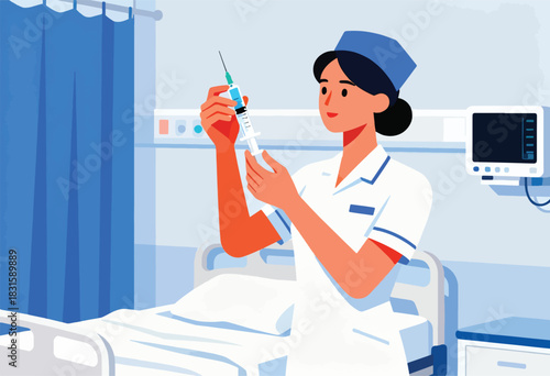 A cartoon nurse in a hospital room prepares a syringe, bed and monitor visible