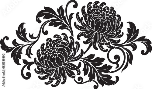 Ornate Black and White Chrysanthemum Floral Scroll Pattern with Detailed Botanical Foliage