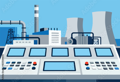 Illustration of an industrial plant control room with cooling towers, a smokestack, and a control panel