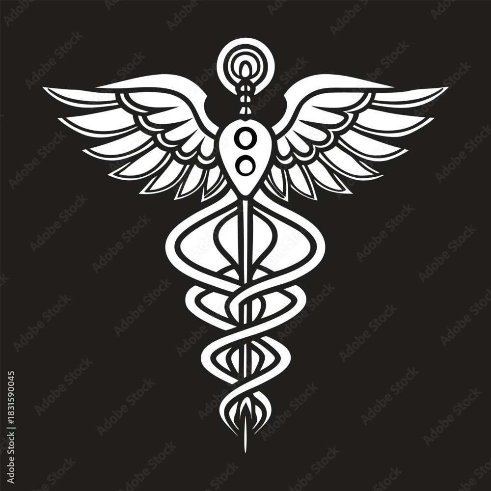 Fototapeta premium White Caduceus Symbol on Black Background