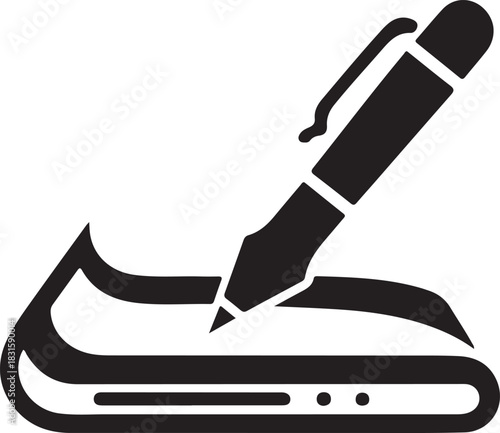 Stylized black and white icon of a pen writing on a digital tablet
