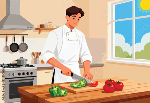 A chef, in a white coat, slices vegetables on a wooden counter in a kitchen with a window and sunny view
