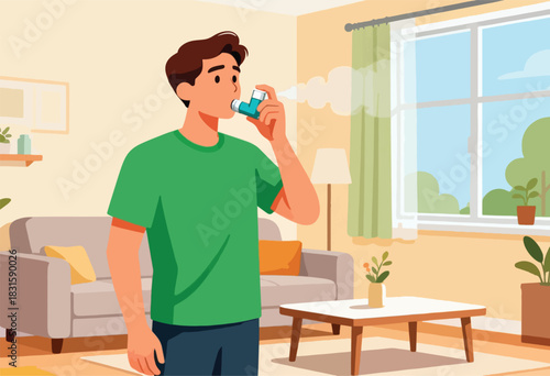 Illustration depicts a person using an inhaler indoors, smoke emerging. Furnishings include a sofa, table, and window