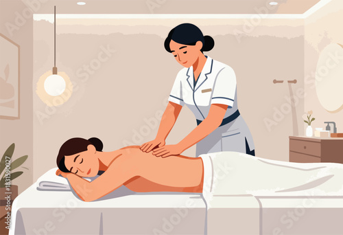 Illustration of a woman getting a massage at a spa. A masseuse provides care in a calming setting