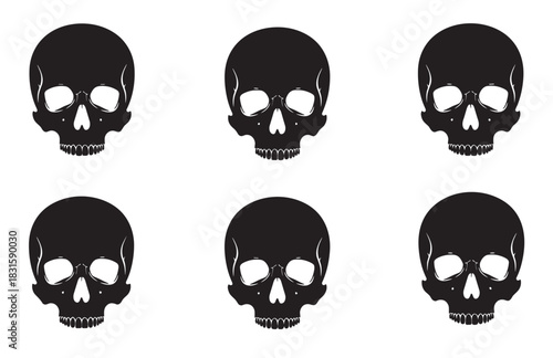 Six black human skull silhouettes arranged in a grid pattern for a spooky Halloween or gothic horror theme, presented as a graphic vector style illustration