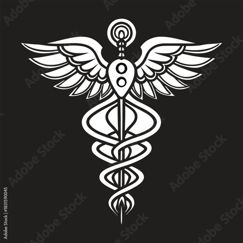 White Caduceus Symbol on Black Background