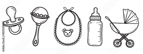 Hand-drawn set of black and white baby items including a pacifier, rattle, bib, bottle, and stroller in a cute doodle sketch style for newborn or baby shower themes
