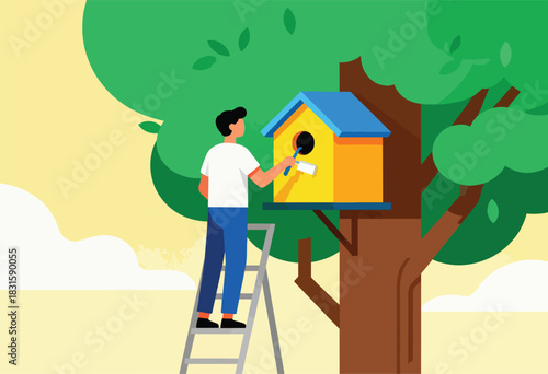 An individual on a ladder, tending to a yellow birdhouse affixed to a tree, in a minimalist illustration