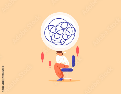 The concept of mental burden. Mental problems, having many problems at work. Illustration of a man sitting on a chair with a confused mind. Flat style character design. White background.